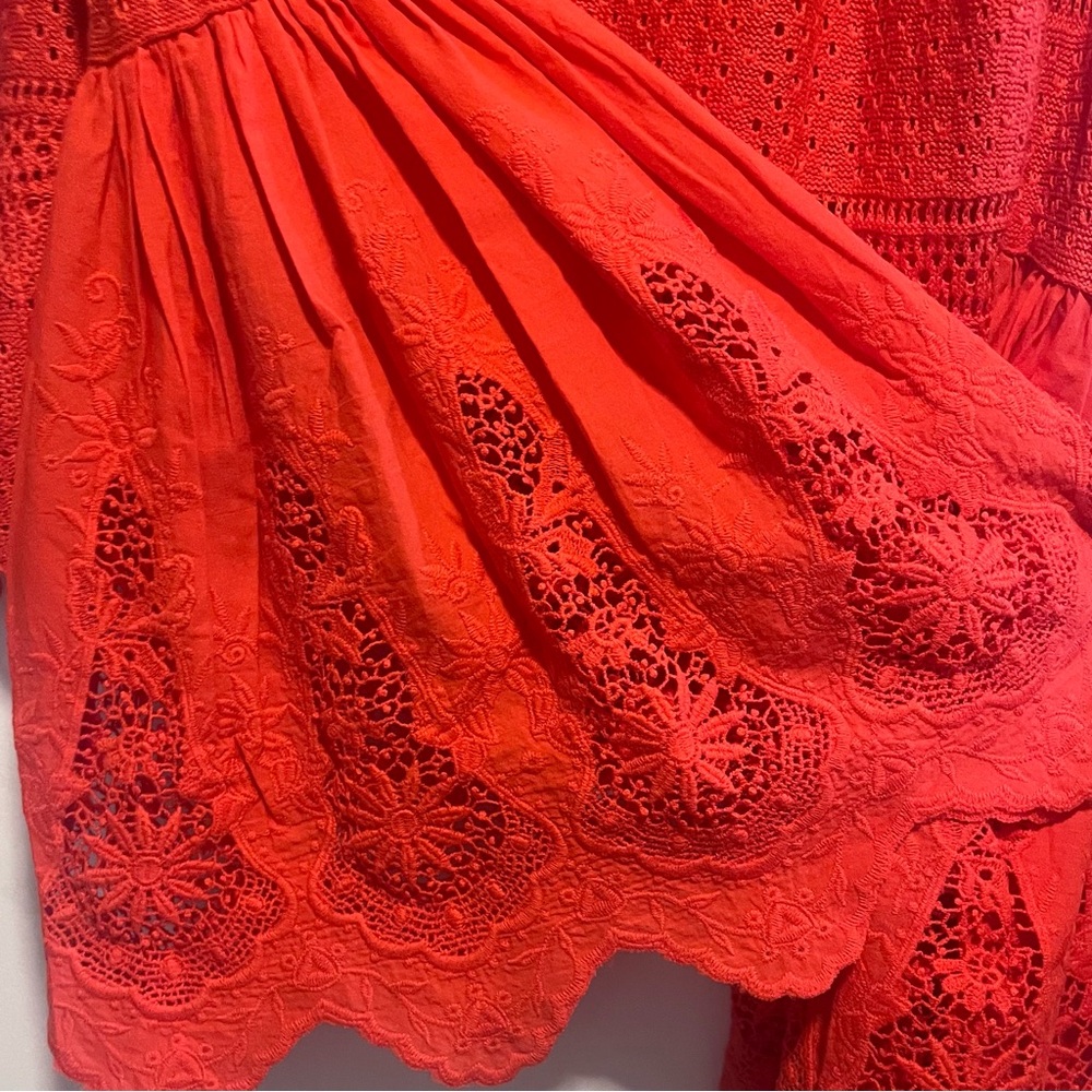 Free People Once Upon A Time Top – Red/Orange Lace Bell Sleeve Blouse - Picture 9 of 15